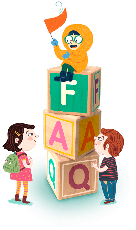 Il·lustració de nens i cubs que llegeixen FAQ